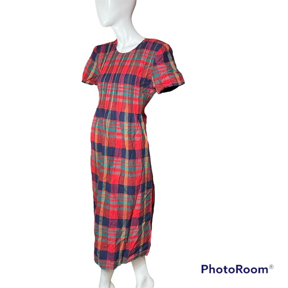 Vintage Plaid Christmas Dress Womens size 10 Red Green Long 90s Holiday Linen - Picture 2 of 8